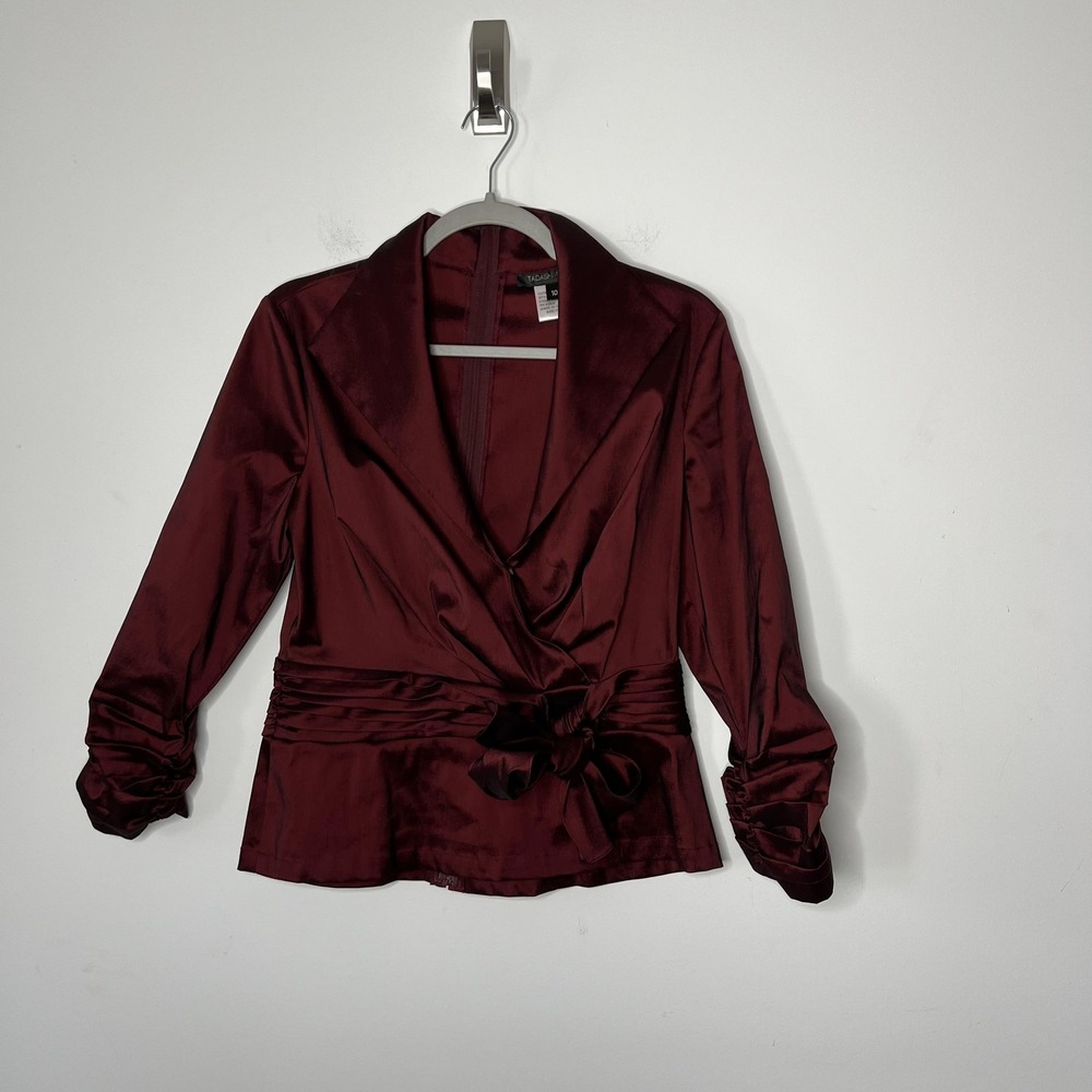 Tadashi Shoji Blouse Womens 10 Burgundy Satin Wrap Ruched Bow Peplum CYD60014M‎